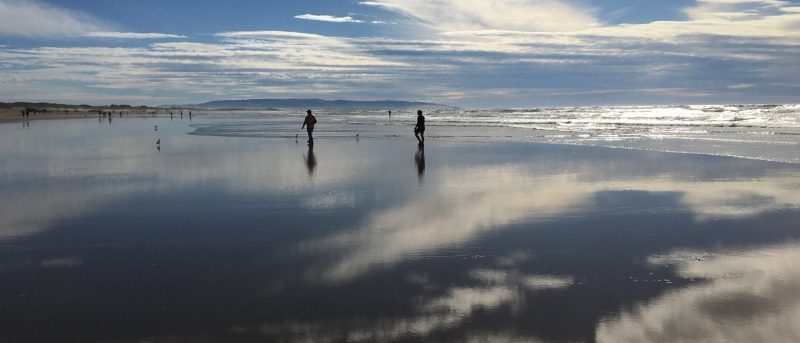 Distant sillouettes of Molly and Dan on Pismo Beach. The clouds are reflecting on the wet sand