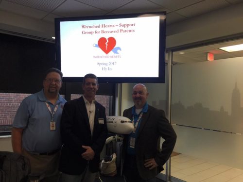 Ron and Tim, the co-founders of Wrenched Hearts with Ron, the guest speaker of the spring 2017 fly in. Co-founder Ron is on the left wearing a blue shirt; Ron, the speaker, is in the middle wearing a coat; Tim is on the right wearing a sport coat