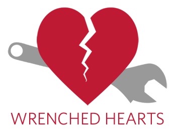 The Wrenched Hearts logo -- a red heart breaking into two pieces with a gray wrench behind it. The words Wrenched Hearts are written below the logo.