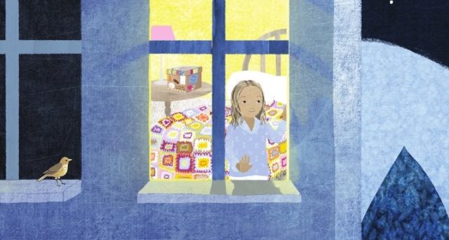 Artwork from The Memory Box. The image is of a little girl in a brightly lit window standing in front of a bed with a handmade quilt on it. There's a bird on the window sill of the window next to her.