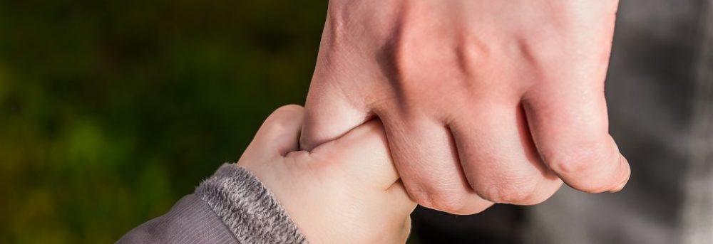 Small child's hand holding the pointer finger of an adult. The sleeve of the child's shirt is gray.