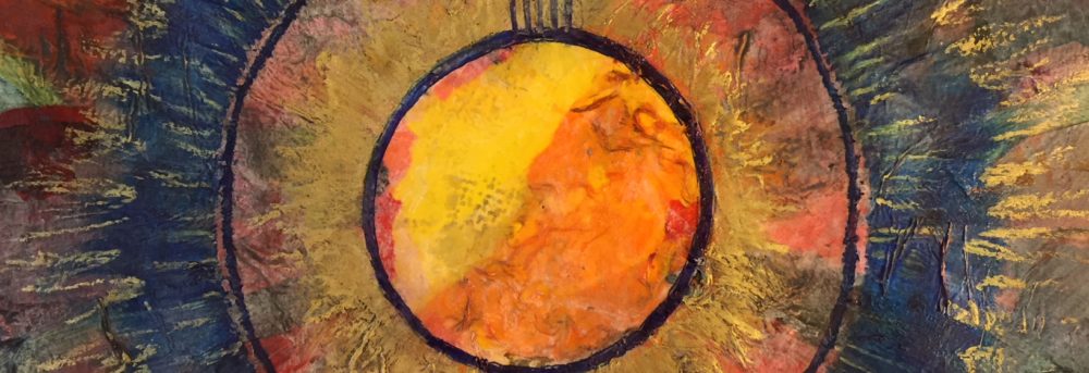 Carol's art with a yellow-orange circle in the middle, a ring of yellow and pink around it and an outer fringe of gray blue.