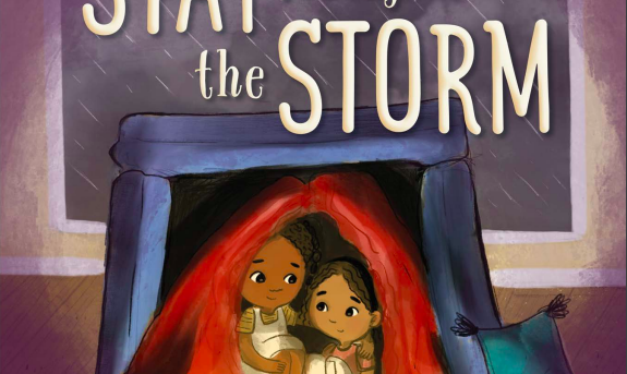 The cover of the book Stay Through The Storm with two little girls huddled together under a red tent inside a house