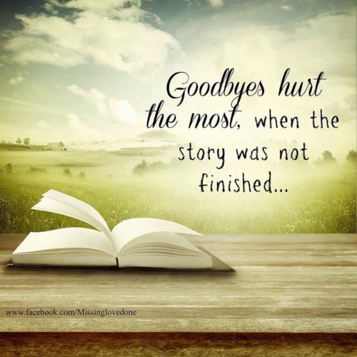 "Goodbyes hurt the most, when the story was not finished ..." appears in the left of the photo. To the left and below is an open book sitting on a wooden table.