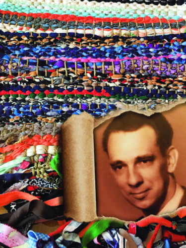 Gail's Soul Collage. Three quarters of the photo is of a multi-colored woven rug. In the bottom quarter of the photo, the photo of the rug is torn away and there is a sepia headshot of Gail's father