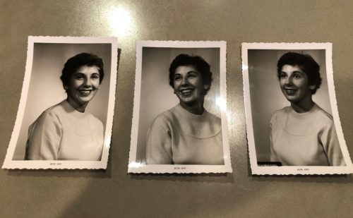 Three black and white Polaroids of the author's mother. She has a light colored blouse on and short dark hair.