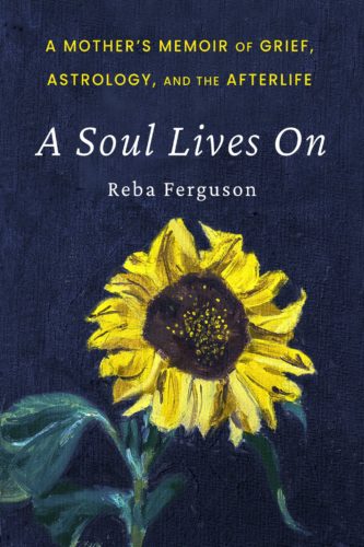 The cover of Reba's book "A Soul Lives On". The cover is dark blue with the painting of a single sunflower